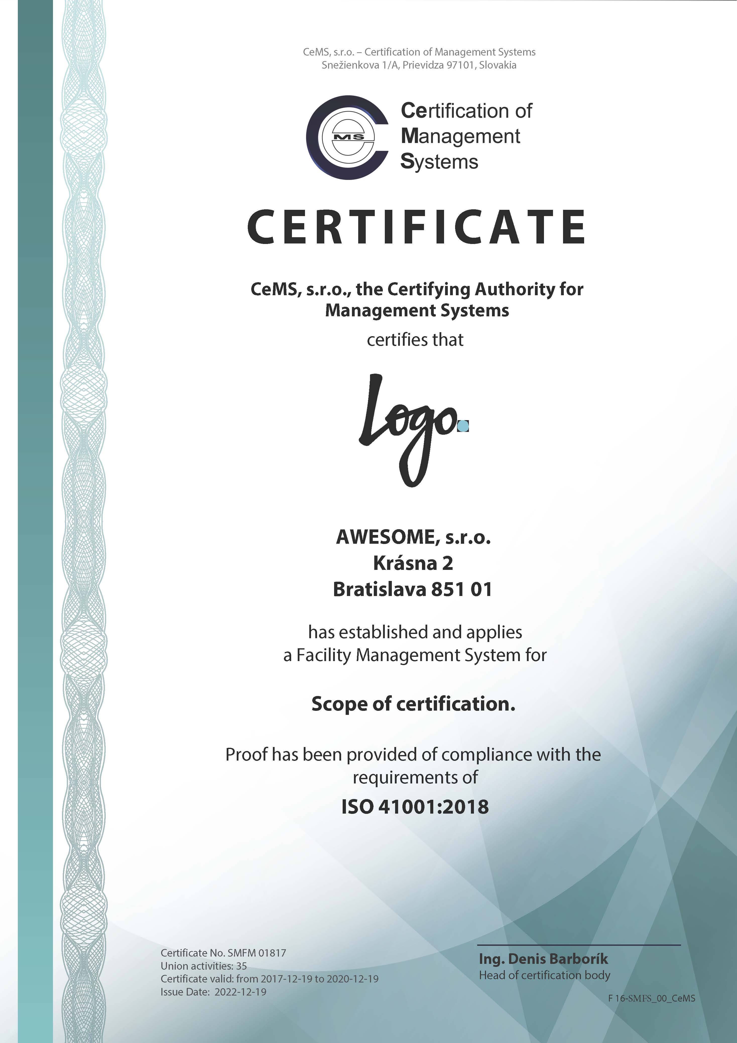 Certificate ISO 41001 by CeMS